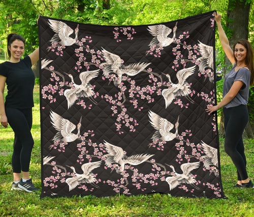 Japanese Crane Pink Sakura Pattern Premium Quilt