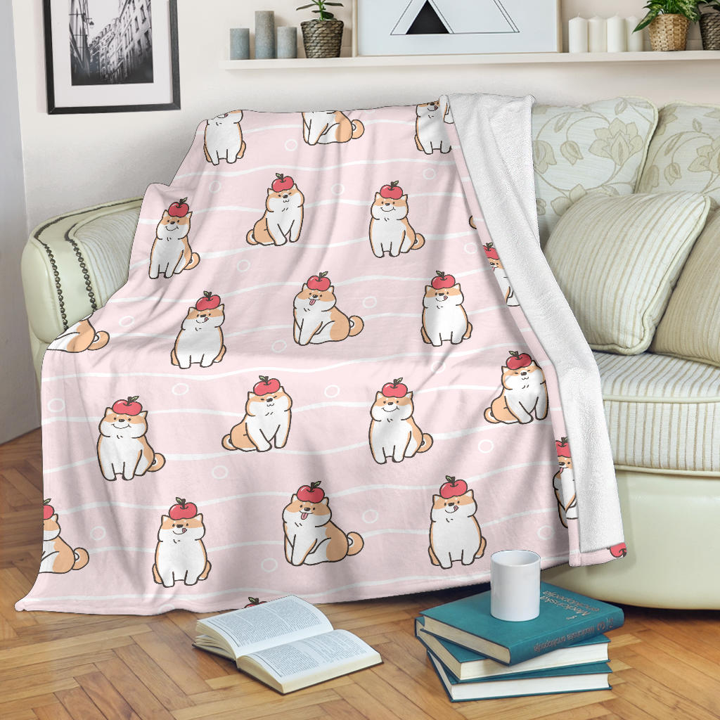 Cute Shiba Inu Dog Apple Pattern Premium Blanket