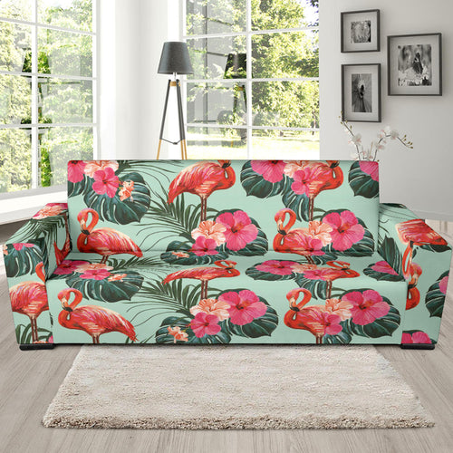 Beautiful Flamingo Tropical Palm Leaves Hibiscus Pateern Background Sofa Slipcover
