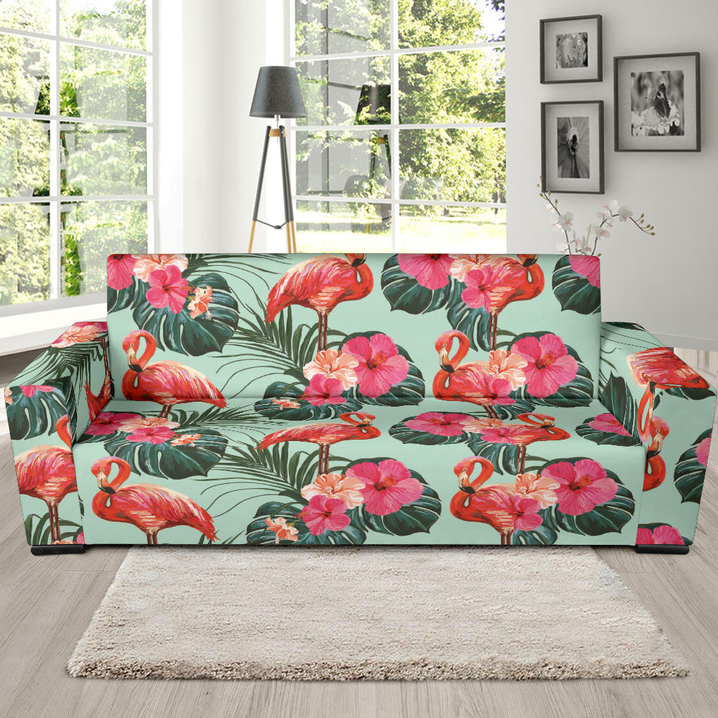Beautiful Flamingo Tropical Palm Leaves Hibiscus Pateern Background Sofa Slipcover