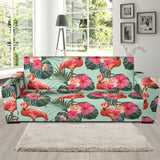 Beautiful Flamingo Tropical Palm Leaves Hibiscus Pateern Background Sofa Slipcover
