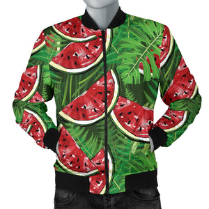 Watermelons Tropical Palm Leaves Pattern Background Men'S Bomber Jacket