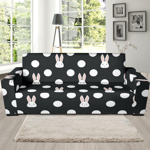 Cute White Rabbit Polka Dots Black Background Sofa Slipcover