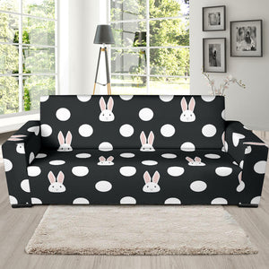 Cute White Rabbit Polka Dots Black Background Sofa Slipcover