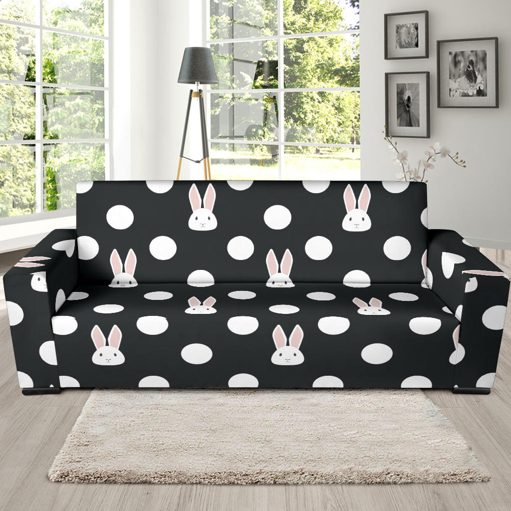 Cute White Rabbit Polka Dots Black Background Sofa Slipcover