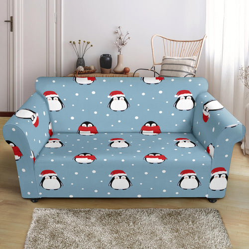 Cute Penguin Christmas Snow Pattern Loveseat Couch Slipcover