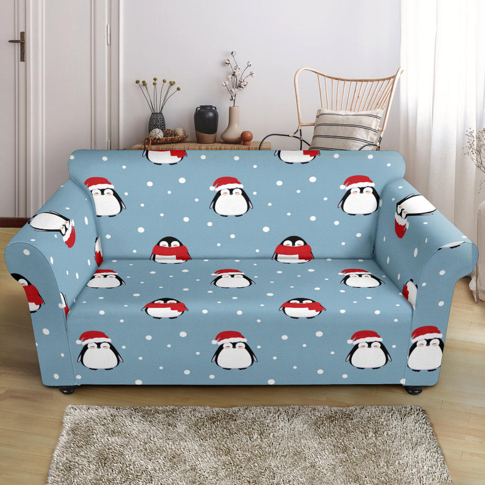 Cute Penguin Christmas Snow Pattern Loveseat Couch Slipcover