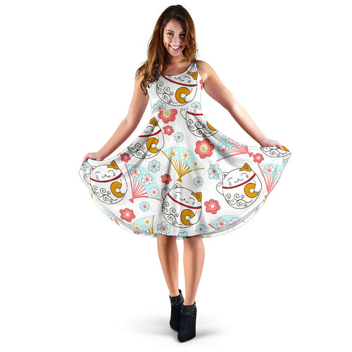 Maneki Neko Lucky Cat Fan Sakura Sleeveless Midi Dress