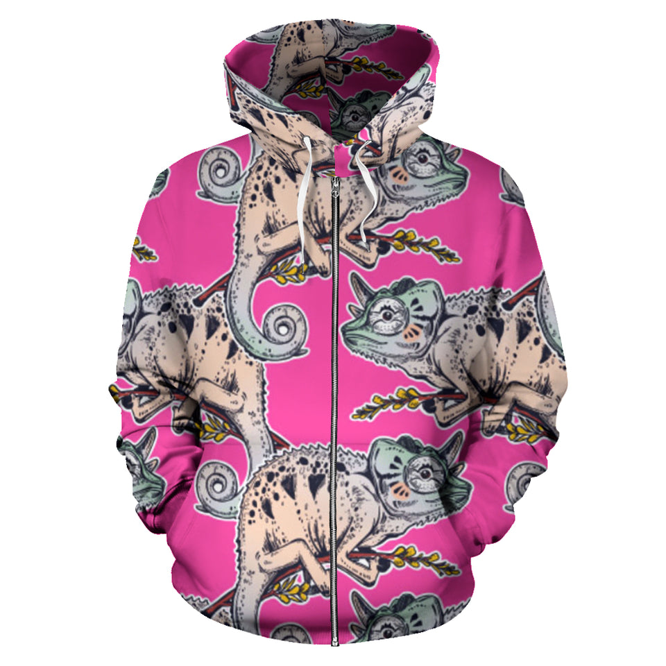 Chameleon Lizard Pattern Pink Background Zip Up Hoodie