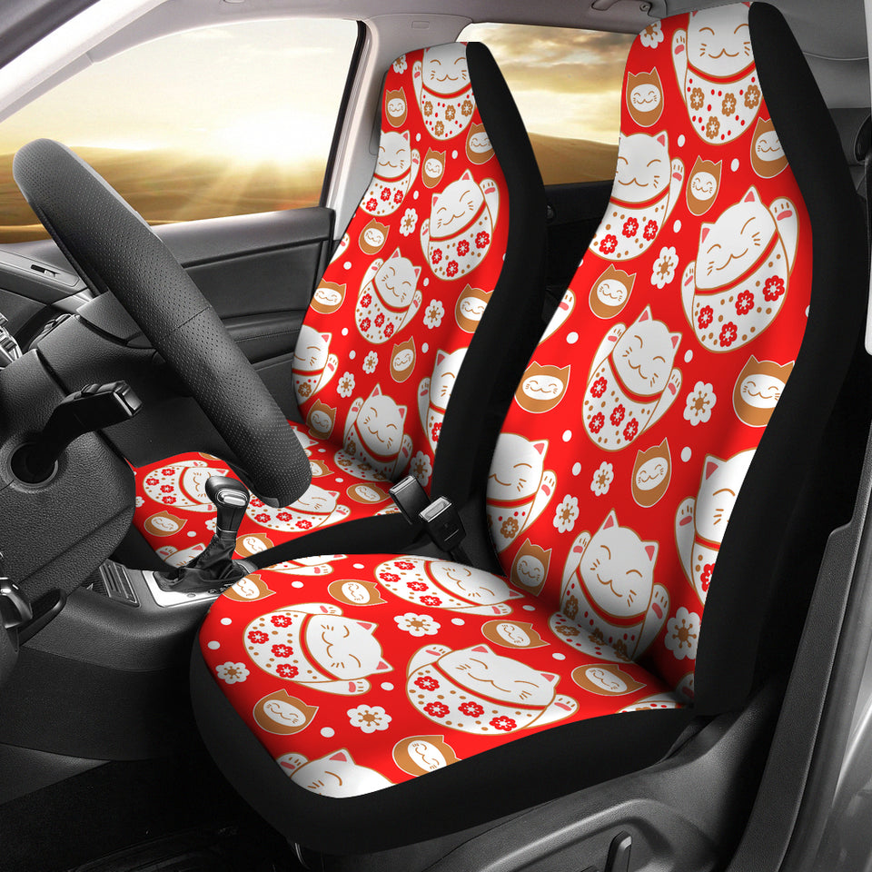 Cute Maneki Neko Lucky Cat Red Background Universal Fit Car Seat Covers
