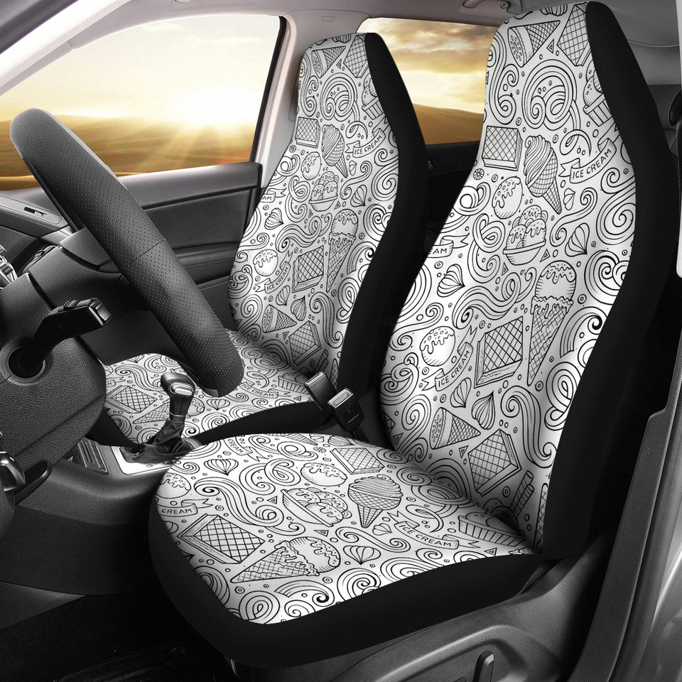 Cartoon Hand Drawn Ice Cream Black White Universal Fit Car Seat Covers