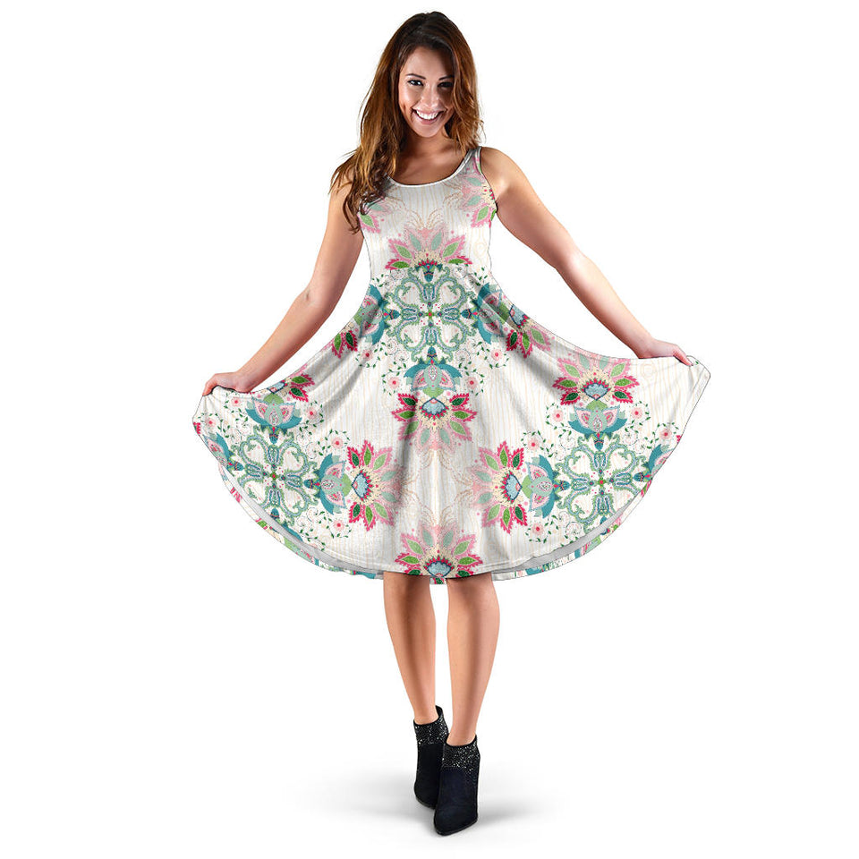 Square Floral Indian Flower Pattern Sleeveless Midi Dress