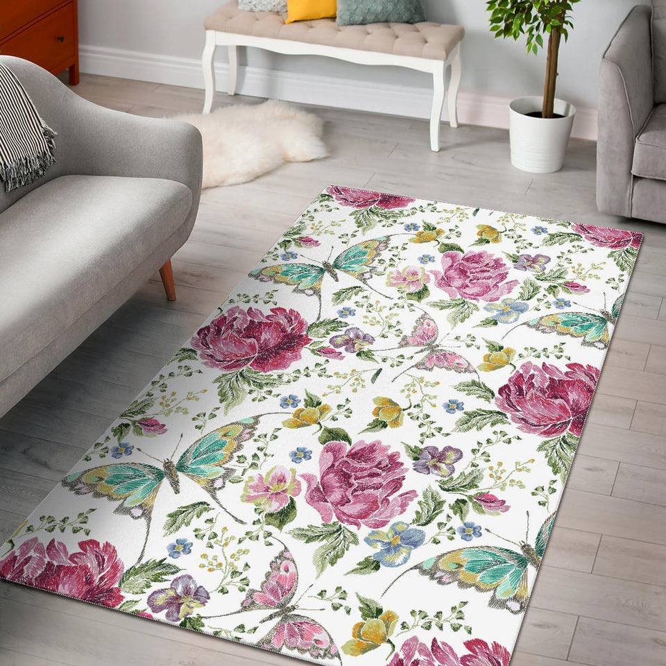 Hand Drawn Butterfly Rose Area Rug