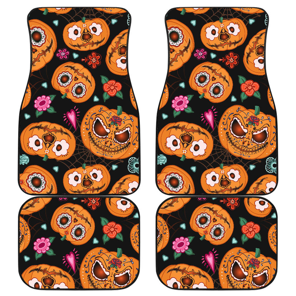 Pumpkin Flowers Spiderweb Halloween Theme Front And Back Car Mats