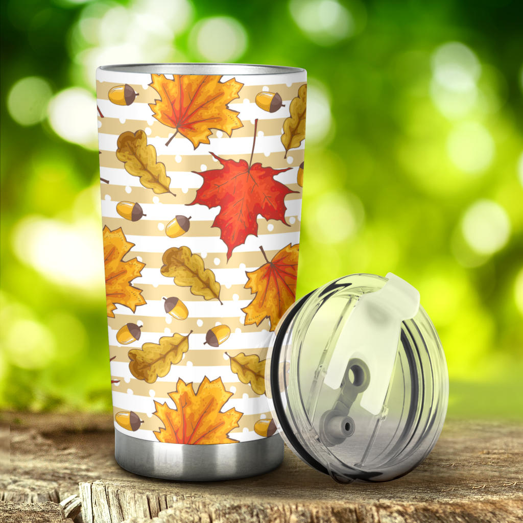 Maple Leaf Oak Leaf Acorns Beige Striped Background Tumbler