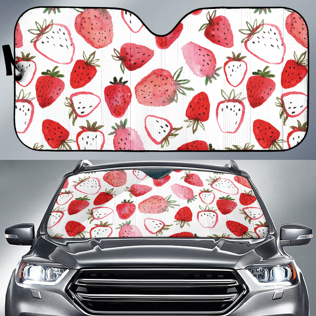 Watercolor Hand Drawn Beautiful Strawberry Pattern Car Sun Shade