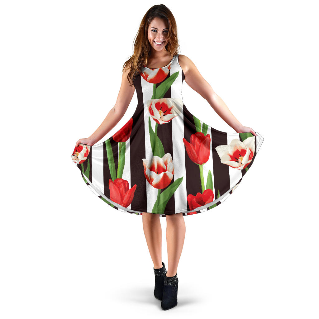 Red And White Tulips Pattern Sleeveless Midi Dress