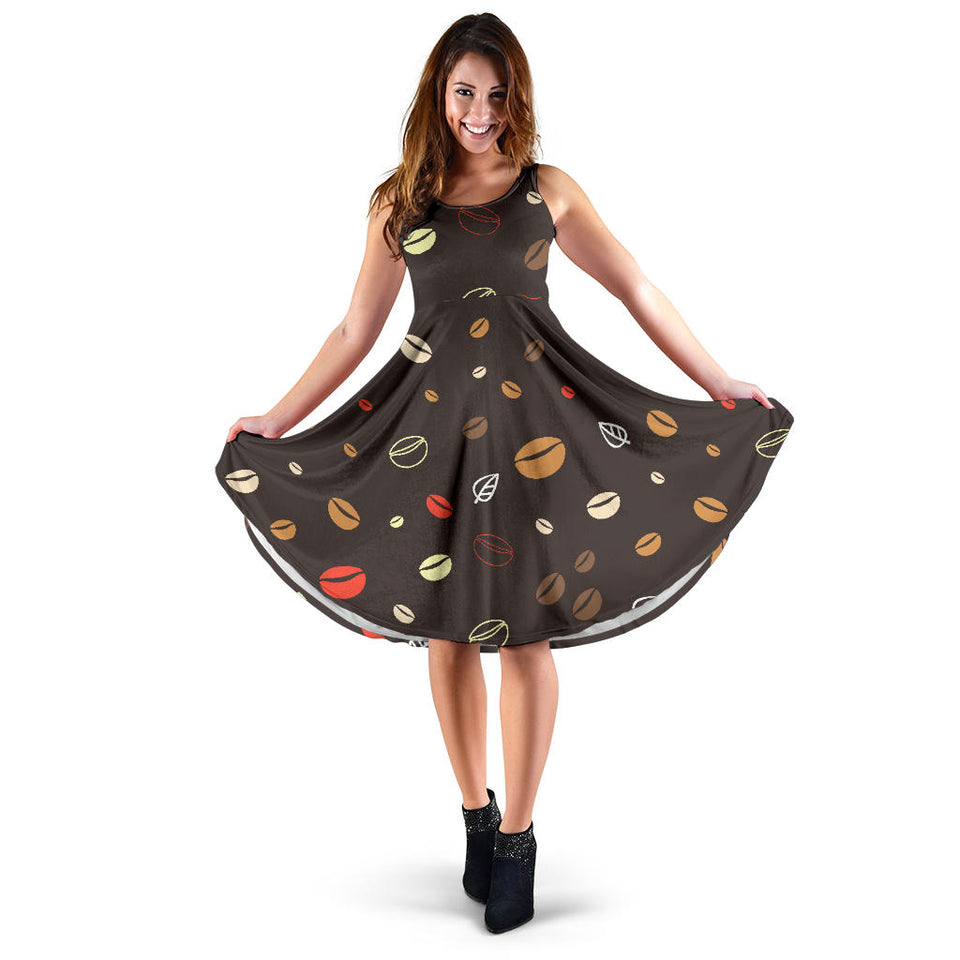 Coffee Bean Leave Pattern Sleeveless Midi Dress