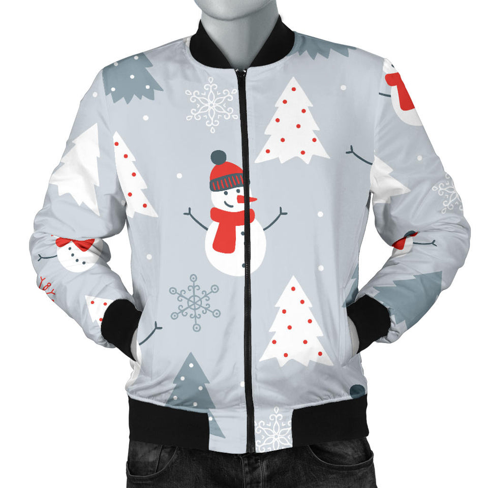 Snowman Christmas  Tree Snow Gray Background Men'S Bomber Jacket