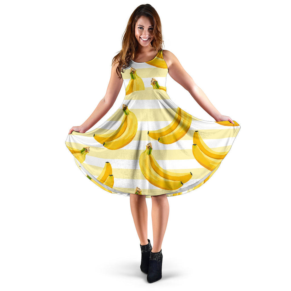 Banana Pattern Blackground Sleeveless Midi Dress