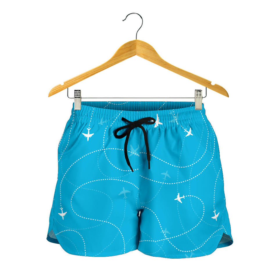 Airplane Destinations Blue Background Women Shorts