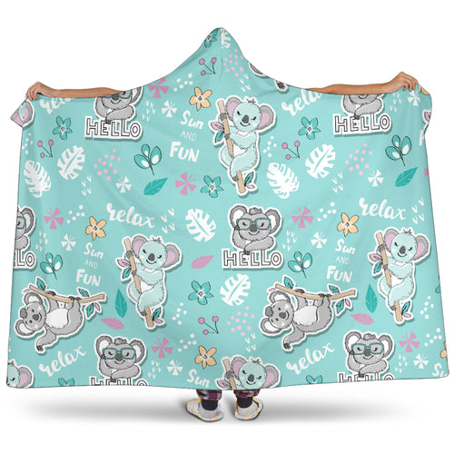 Cute Koalas Blue Background Pattern Hooded Blanket