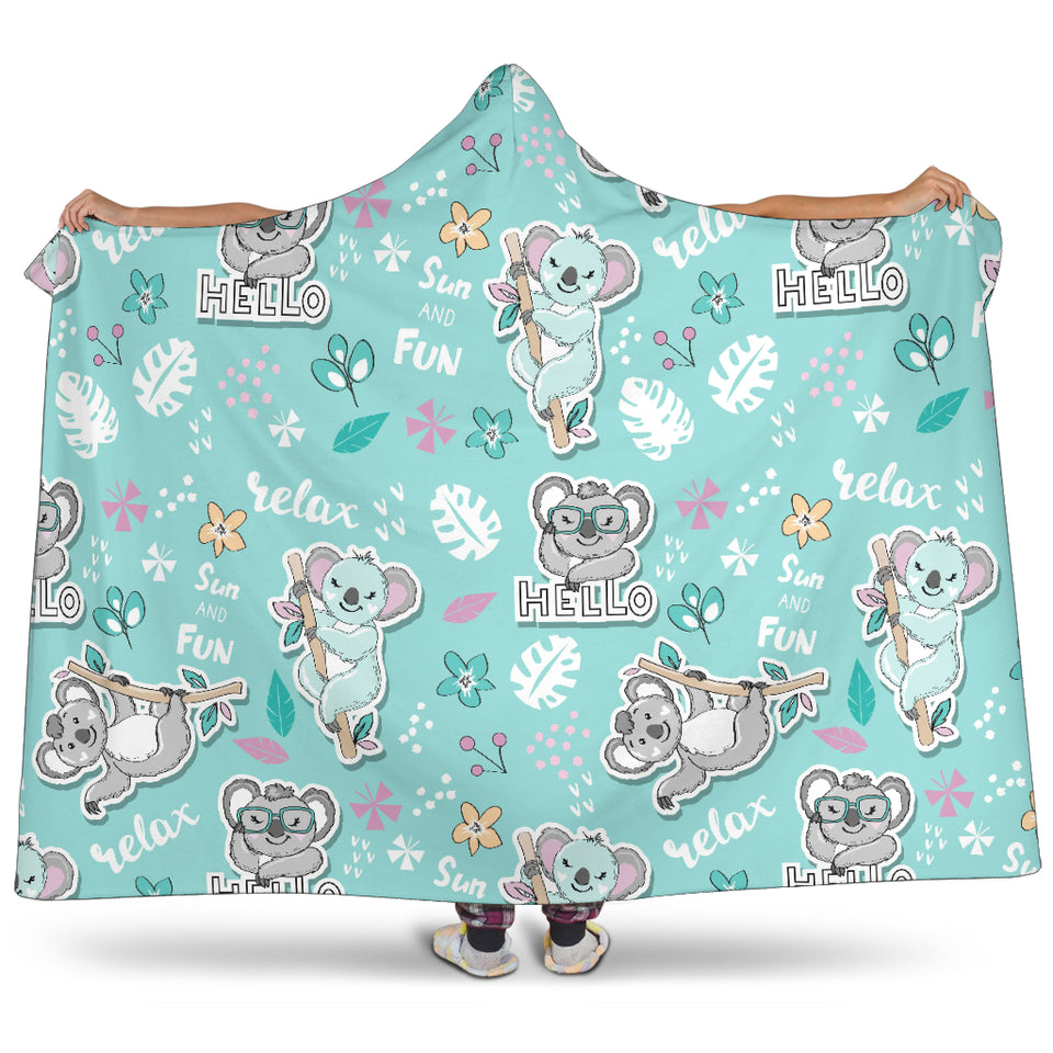 Cute Koalas Blue Background Pattern Hooded Blanket
