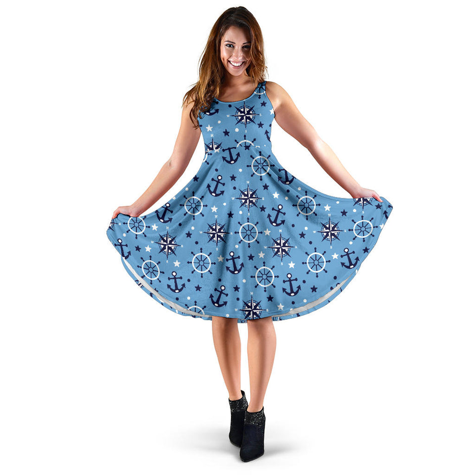 Anchors Rudder Compass Star Nautical Pattern Sleeveless Midi Dress