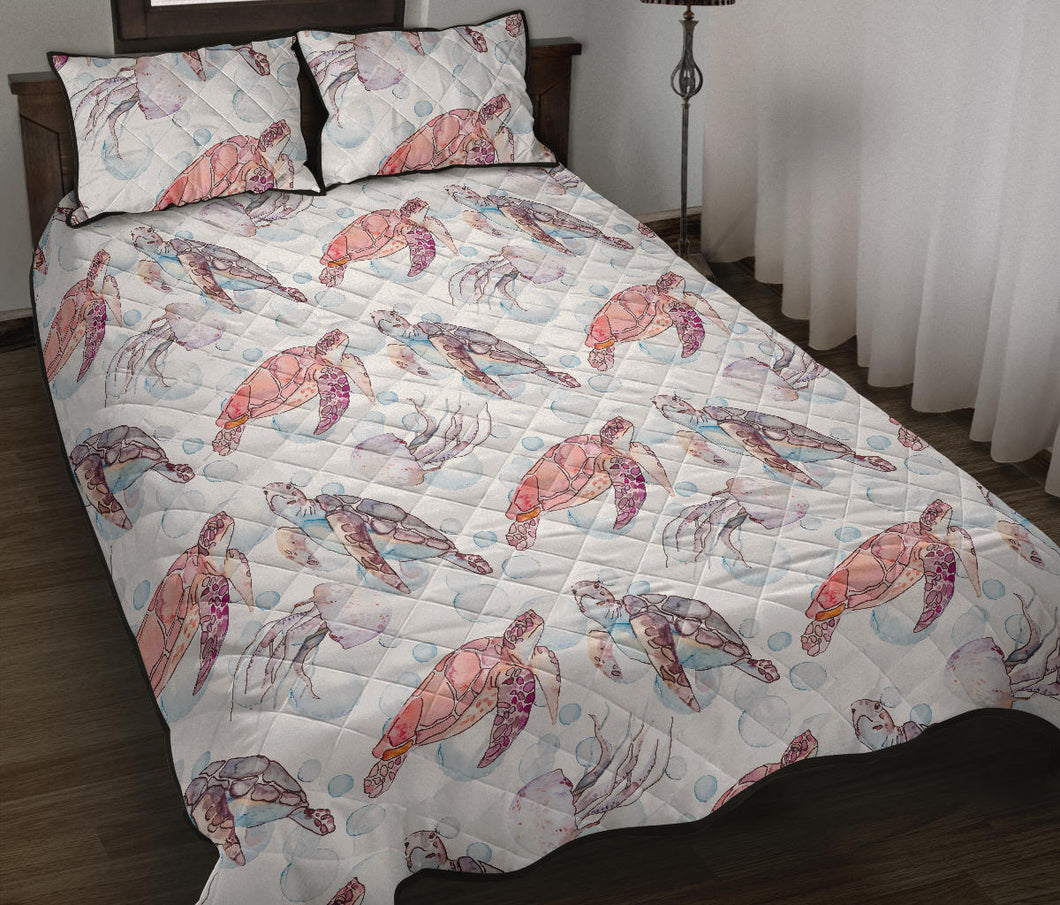 Watercolor sea turtle jellyfish pattern Quilt Bed Set