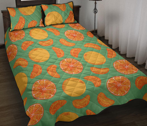 orange fruit pattern green background Quilt Bed Set