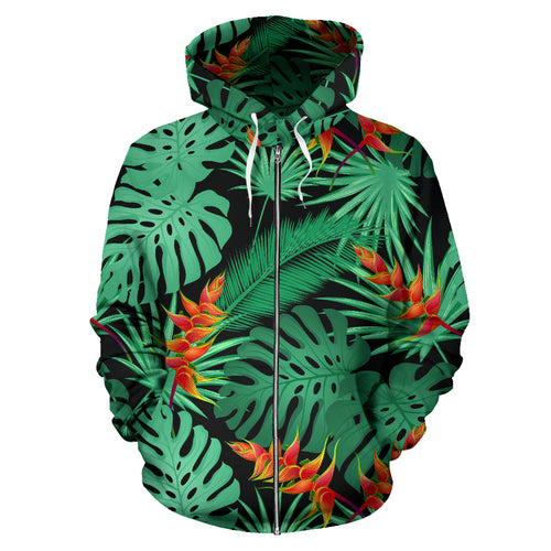 Heliconia Flower Palm Monstera Leaves Black Background Zip Up Hoodie