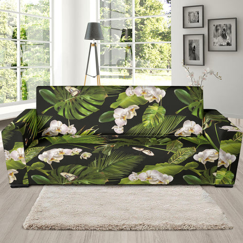 White Orchid Flower Tropical Leaves Pattern Blackground Sofa Slipcover