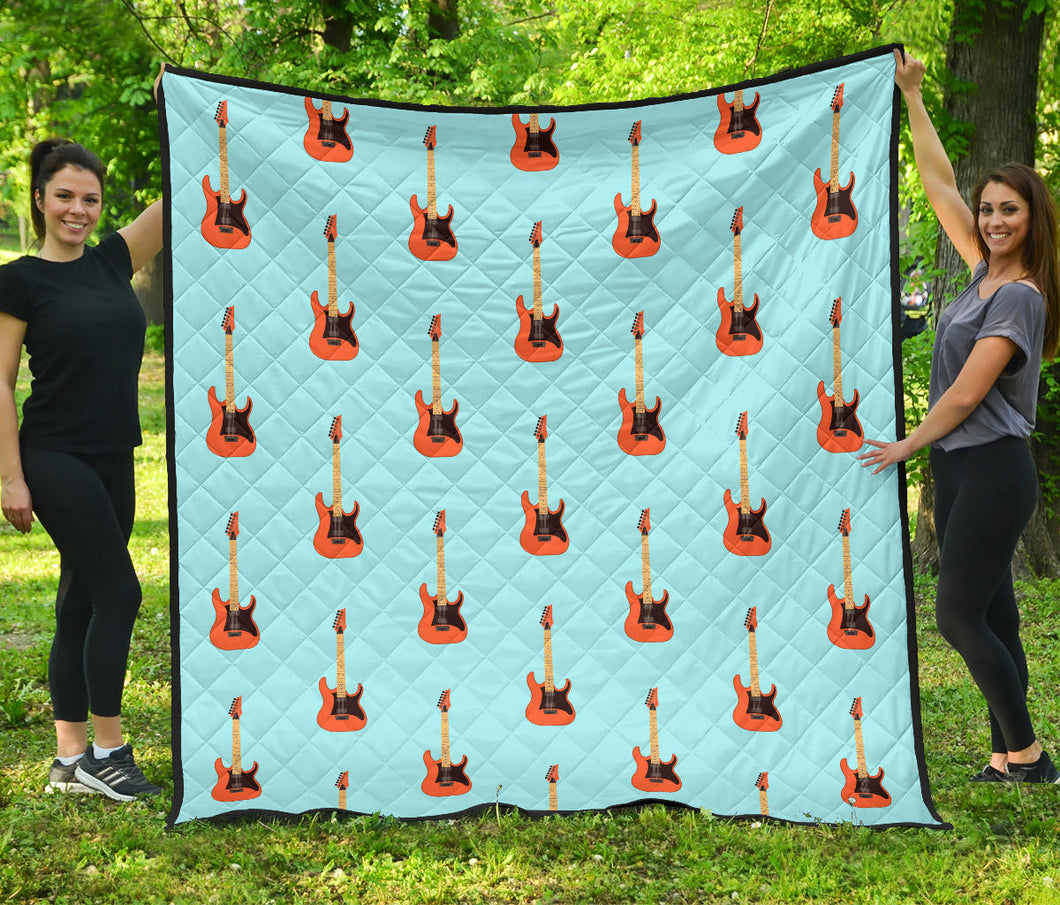 Electric Guitar Pattern Light Blue Background Premium Quilt