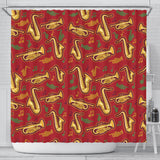Saxophone Cornet Pattern Red Background Shower Curtain Fulfilled In US