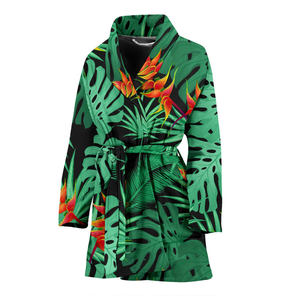 Heliconia Flower Palm Monstera Leaves Black Background Women'S Bathrobe