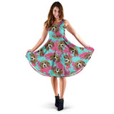 Beagle Muzzles Turquoise Paint Splashes Pink Pattern Sleeveless Midi Dress