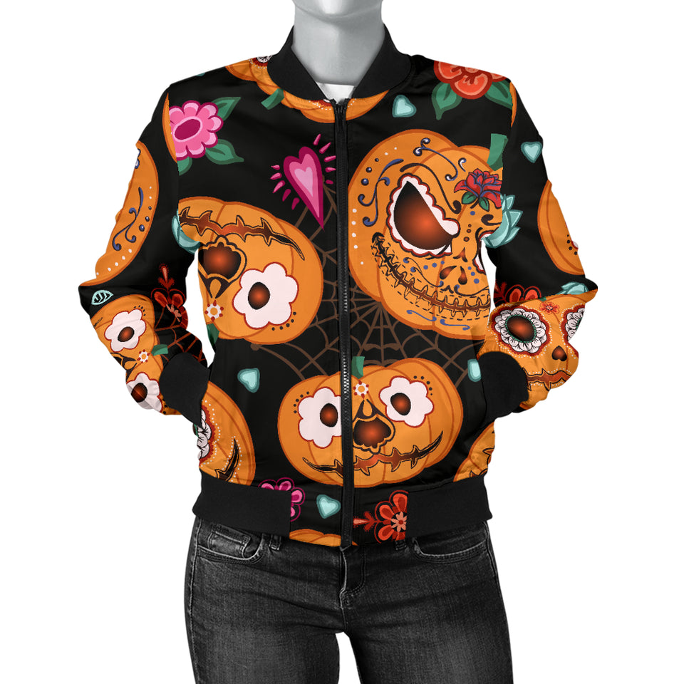 Pumpkin Flowers Spiderweb Halloween Theme Women'S Bomber Jacket