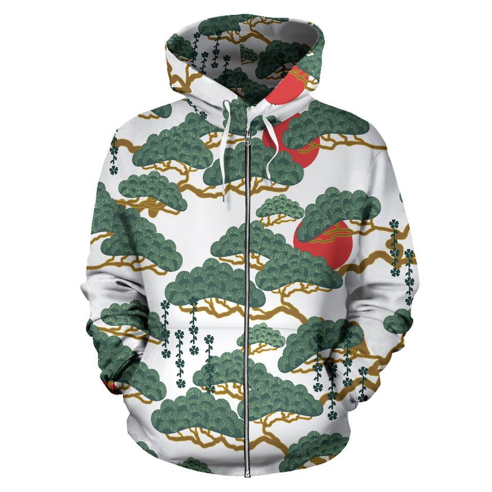 Bonsai Red Sun Japanese Pattern Zip Up Hoodie