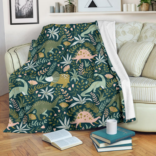 Dinosaurs Tropical Leaves Flower Pattern Premium Blanket