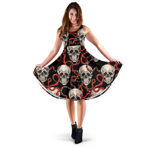 Red Snake Skull Pattern Sleeveless Midi Dress