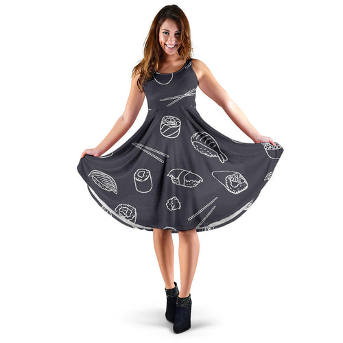 Sushi Pattern Black Background Sleeveless Midi Dress