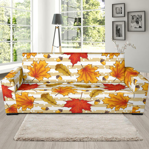 Maple Leaf Oak Leaf Acorns Beige Striped Background Sofa Slipcover