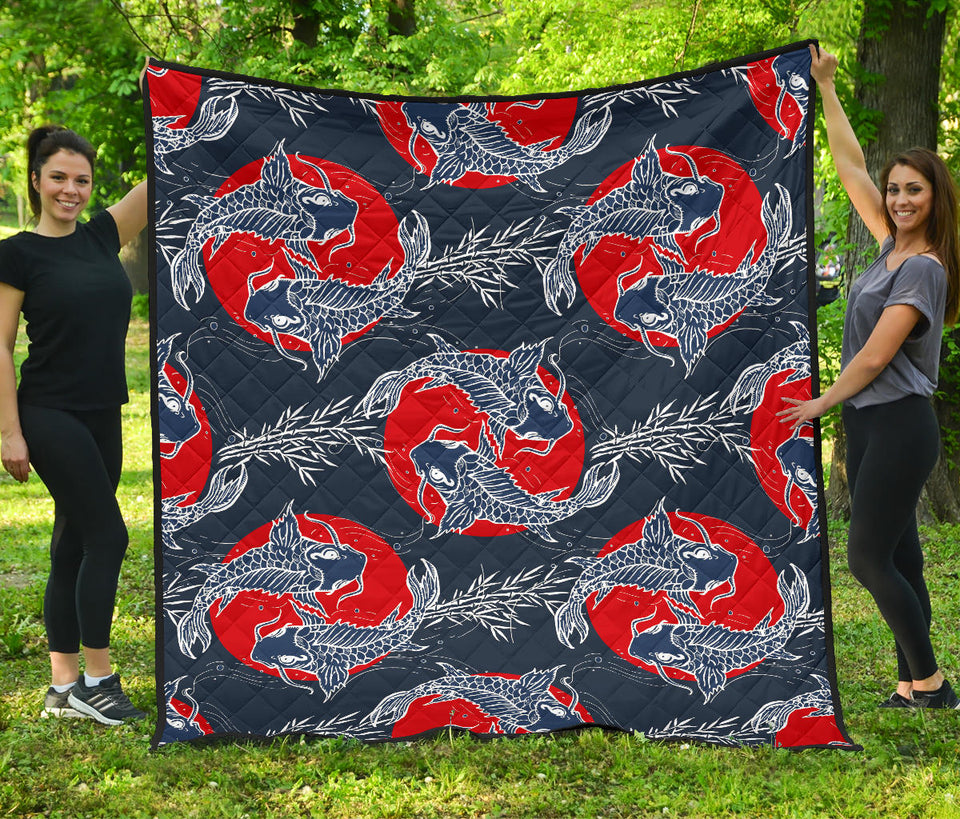 Koi Fish Carp Fishs Hand Drawn Japanese Art Premium Quilt