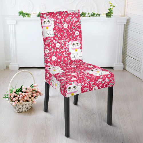 Maneki Neko Lucky Cat Sakura Pink Background Dining Chair Slipcover