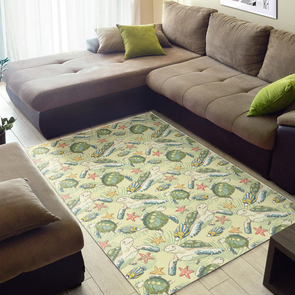 Hand Drawn Sea Turtle Fish Pattern Area Rug