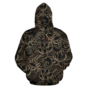 Luxurious Gold Lotus Waterlily Black Background Zip Up Hoodie