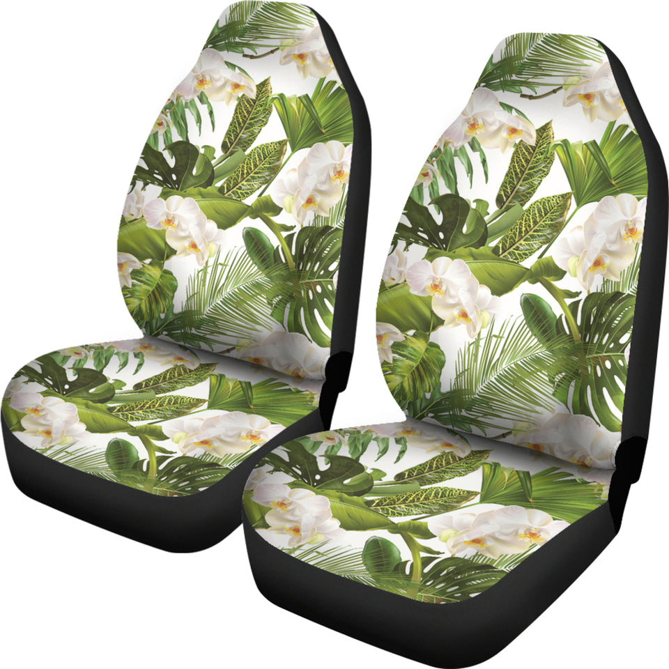 White Orchid Flower Tropical Leaves Pattern Universal Fit Car Seat Covers