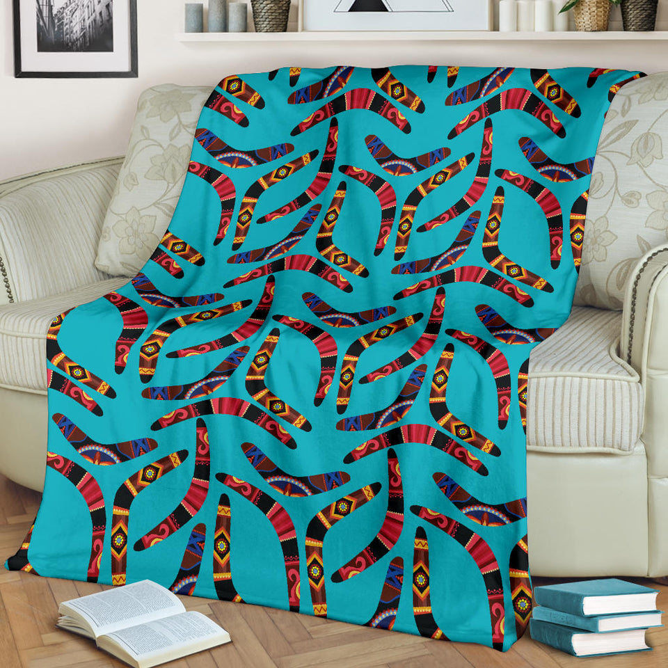 Boomerang Australian Aboriginal Ornament Blue Background Premium Blanket