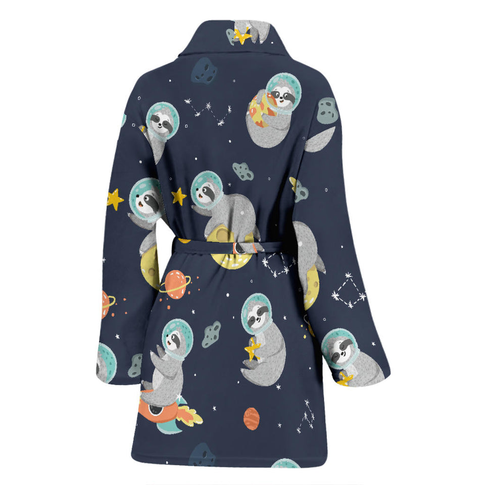 Cute Sloth Astronaut Star Planet Rocket Pattern Women'S Bathrobe