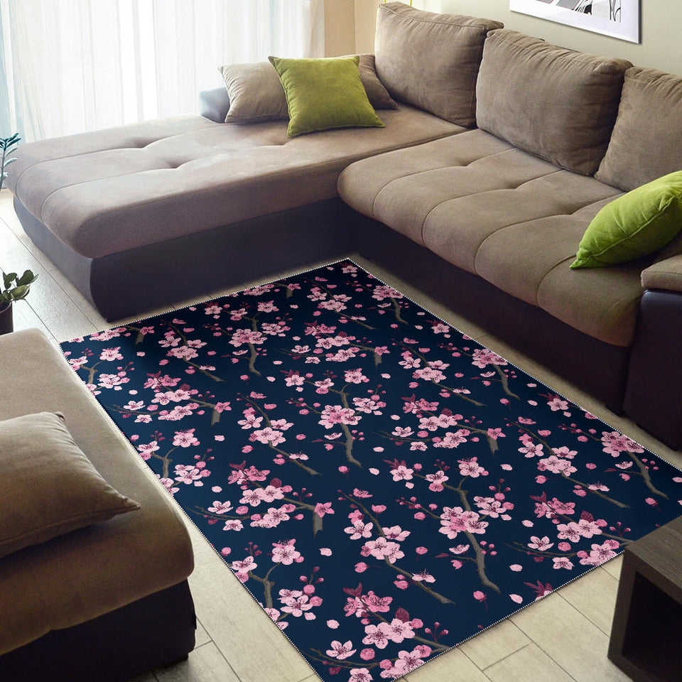 Pink Sakura Cherry Blossom Blue Background Area Rug